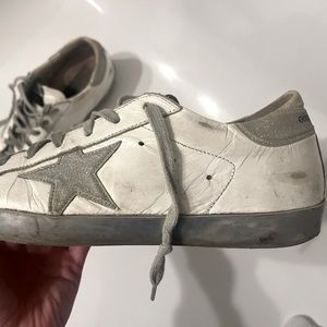 Golden Goose GGDB White Leather And Silver Sparkle Superstar Low Top Sneakers